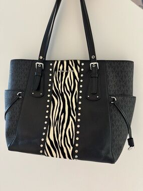 Michael Kors Black and White Zebra-Accent Leather Tote